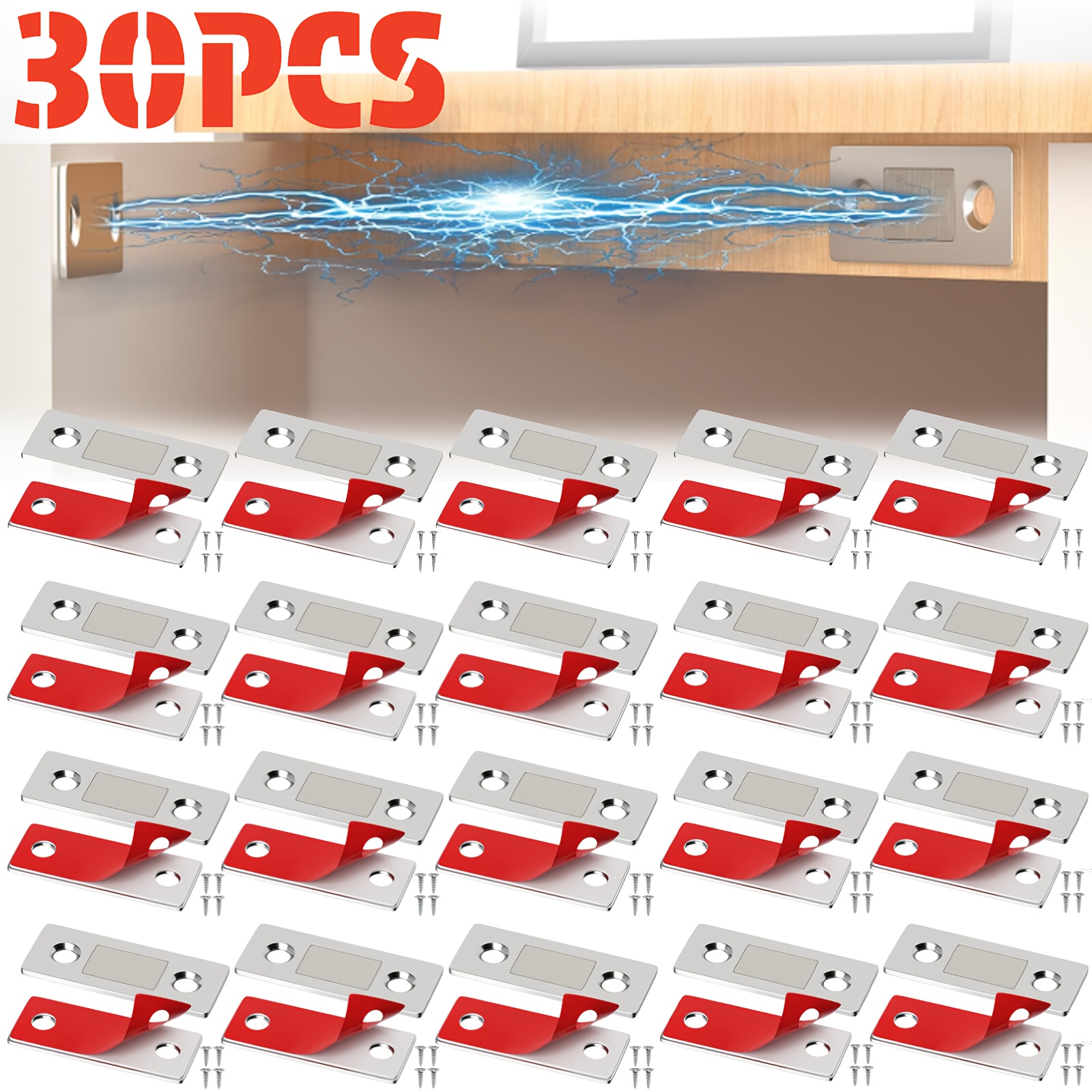 Image of 30pcs Of Ultra-thin Wardrobe Door Suction Catches That No Drilling, Made From Metal, Featuring A Seamless Closure Of 4mm, A Strong Of 2kg, An L-shaped Baffle For Added Stability