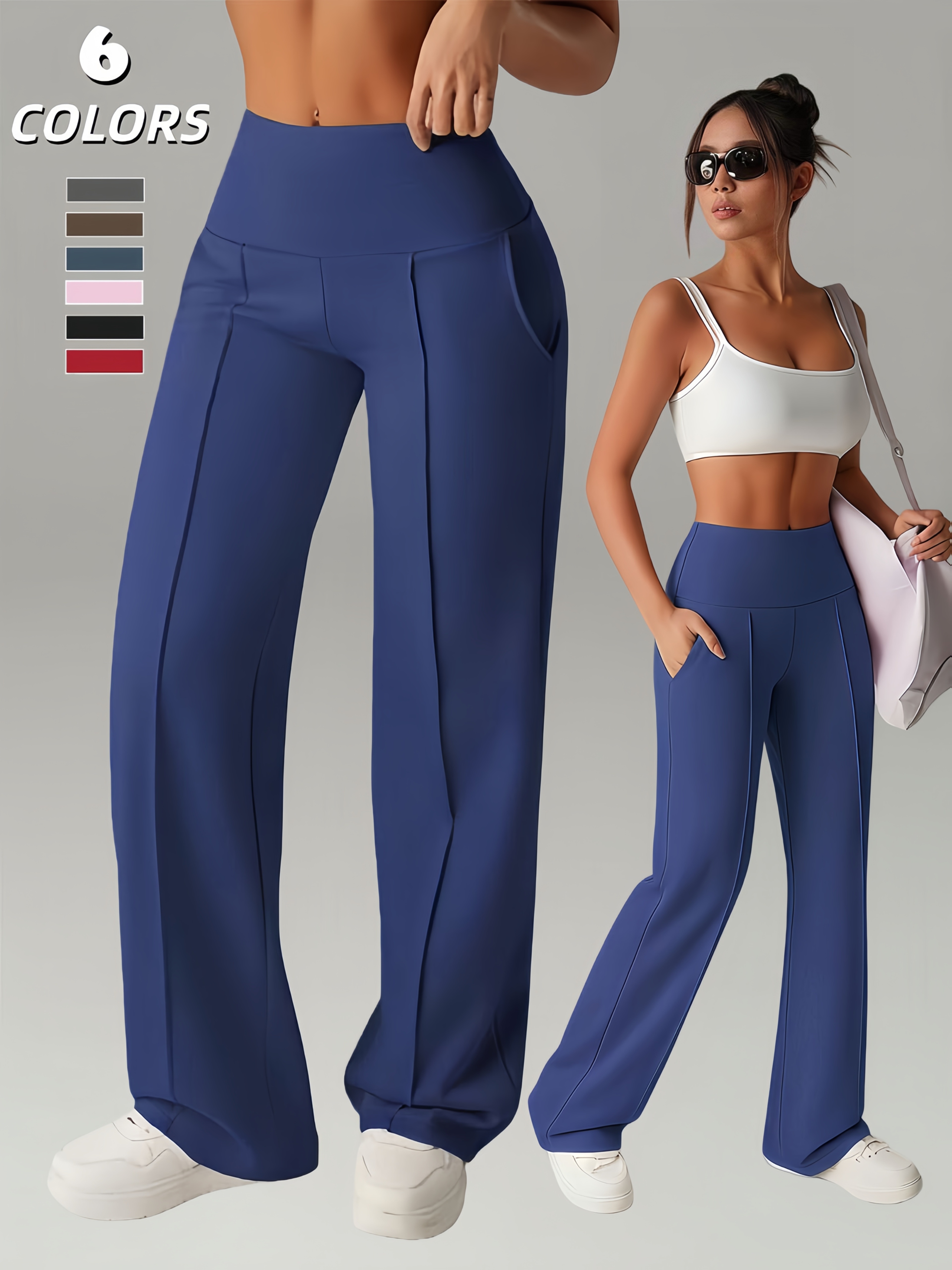 Women'S Leggings, 1pc Straight Wide-Leg Pants, Athletic Quick-Dry Yoga Pants with Pockets, Commuter-Friendly Yoga Trousers, Stretch Athletic Pants High-Waist Leggings, Slight Flared Skinny Pants