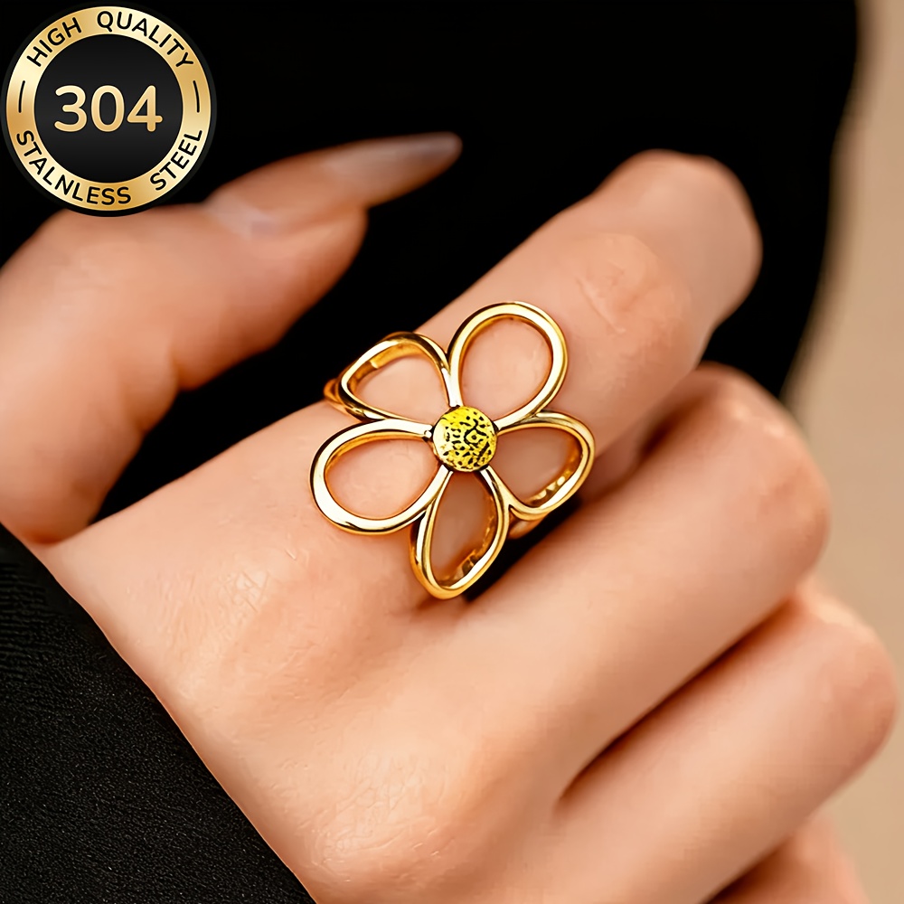 photo de l'article bague ouverte en acier inoxydable de haute qualité, hypoallergénique, fleur dorée, -décoloration, simple et  ,   pour un     ou en soirée, bague tendance pour femme, accessoire de bijou et cadeau   pour femme