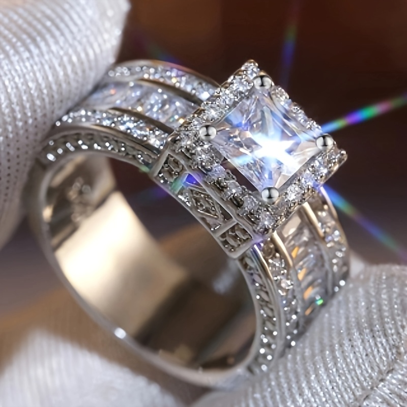 TEMU 1pc White Square Synthetic Zirconia Ring, Easy Elegant Classic Exquisite Fashionable Luxurious Individual All-match Exquisite Jewelry Accessory,