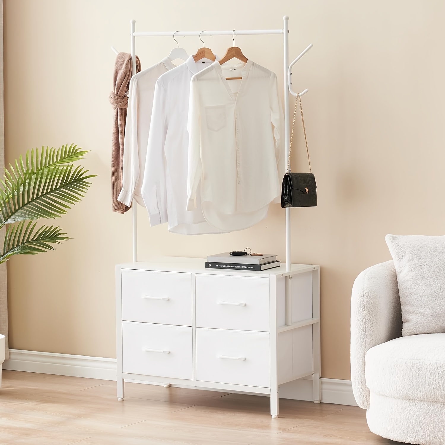 Image of Heavy Duty Garment Rack With 4 Drawers | Wood Top & Metal Frame, Free Standing Closet Organizer With 2 Side Hooks For Hanging Shirts, Dresses, Jackets | Brand: Tropow, End: Oak