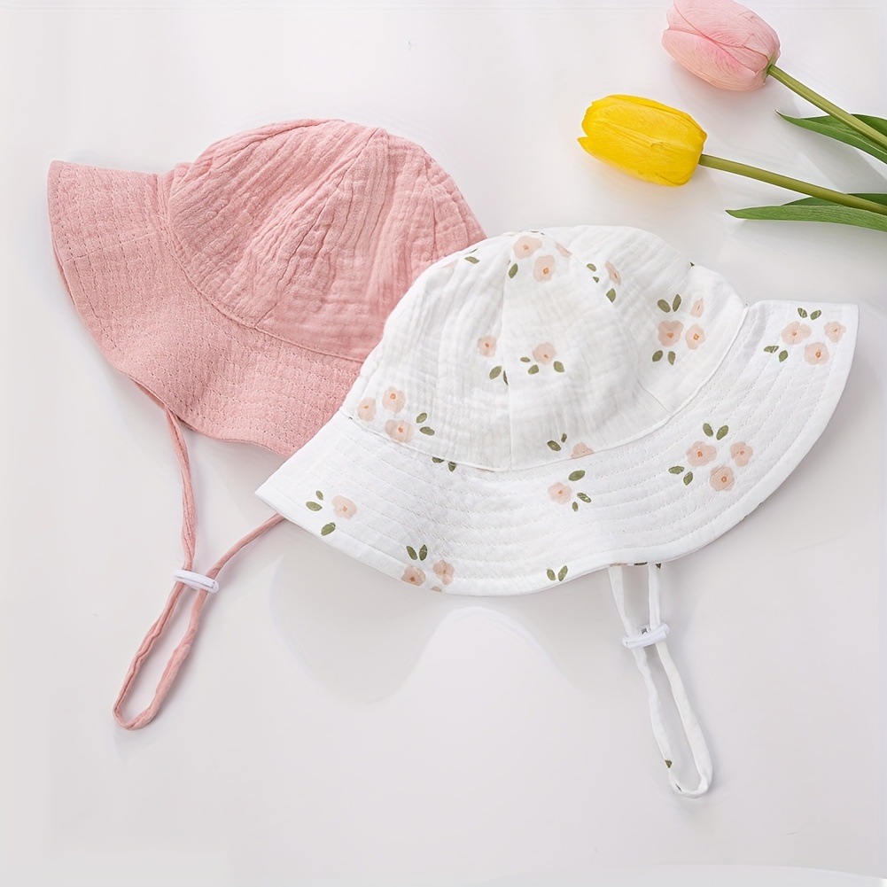 2pcs, New Baby Cute Fisherman Hat, Spring And Summer Small Solid 's Bucket Hat 2 Combination Packs, Soft And Foldable With Windproof Lace Up Printed Hat.