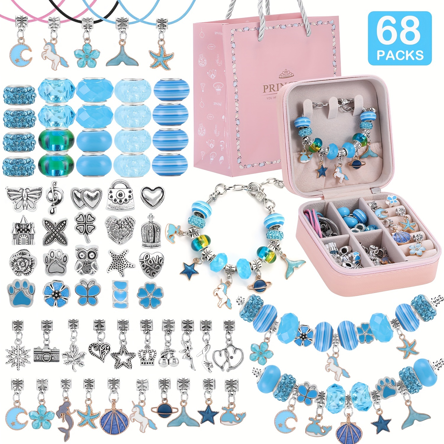 

68pcs Kit de de en perles bleues, de bracelets et de , série et , boîte à portable, les anniversaires et , matériau en , irrégulière, fournitures artistiques et artisanales