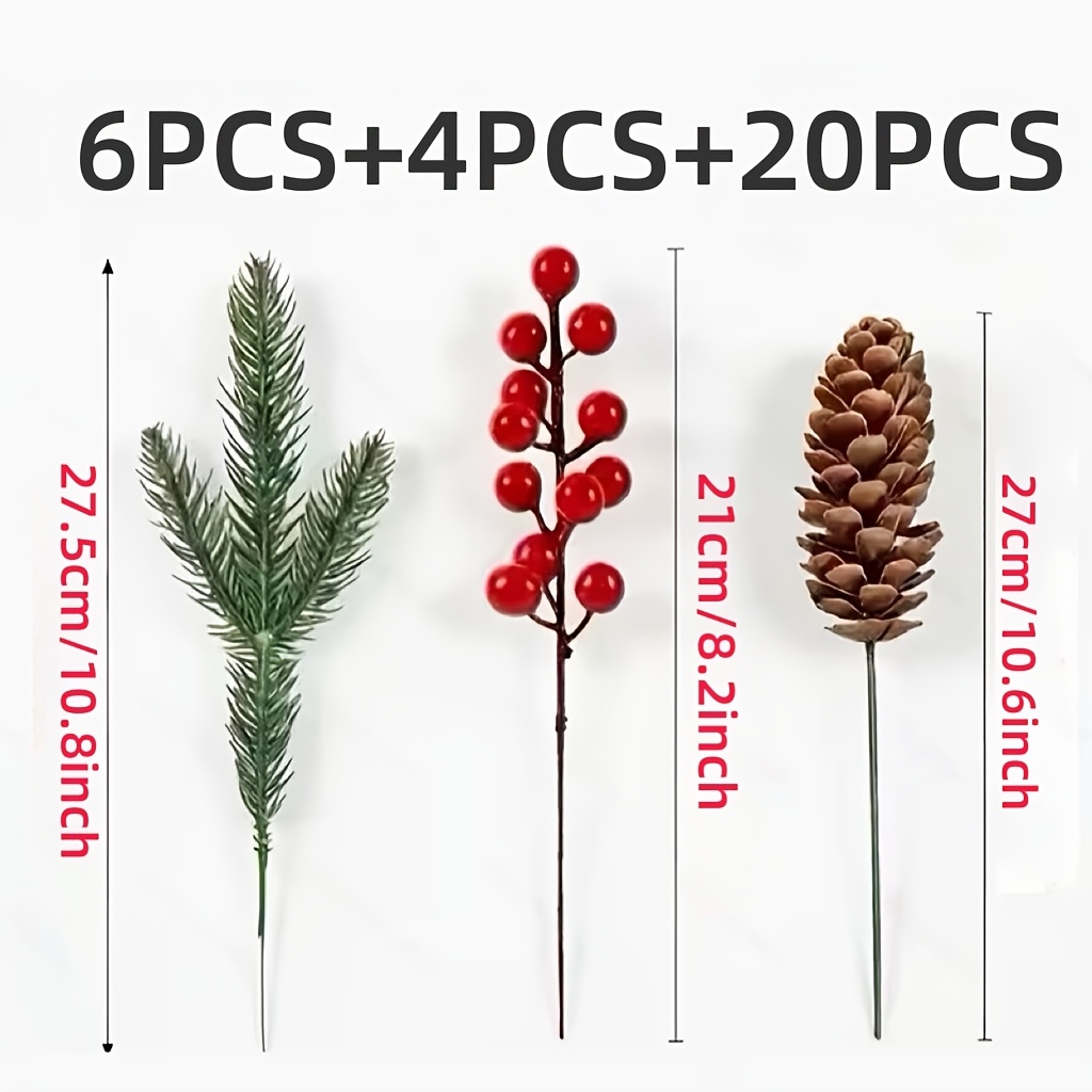 TEMU 30pcs de Pino, Piñas y Decoraciones de Rojas | de Plástico Grandes y Realistas para Decoración de Árbol de Navidad | Centros de Mesa de Invierno