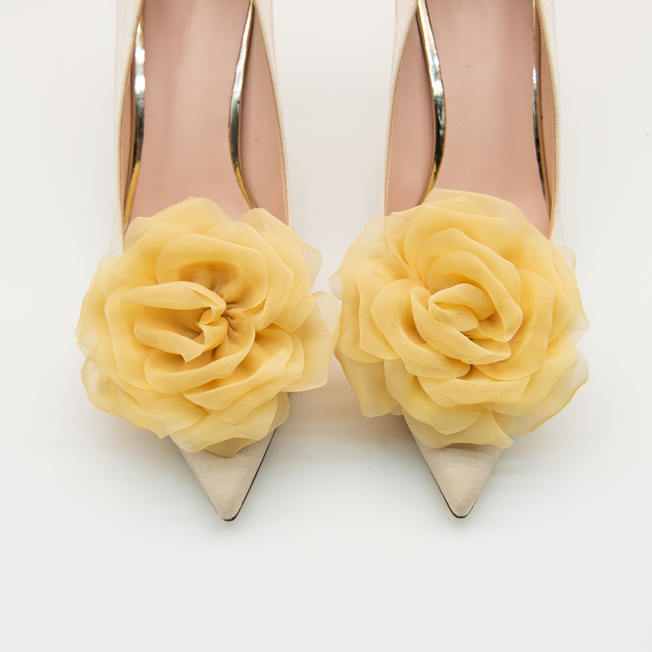 TEMU 2pcs Set Yellow Light Luxury Elegant Multi-layered Pleated Chiffon Three-dimensional Rose Clips, Universal Detachable Shoe Accessories For