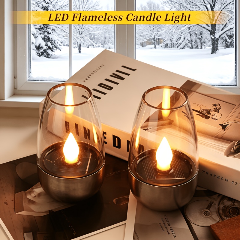 TEMU 2-pack Solar Powered Candle Lights, Led Flickering Flame Simulation, Stainless , Smokeless Candle Lights, For Tabletop Decor Tea Lights, Outdoor
