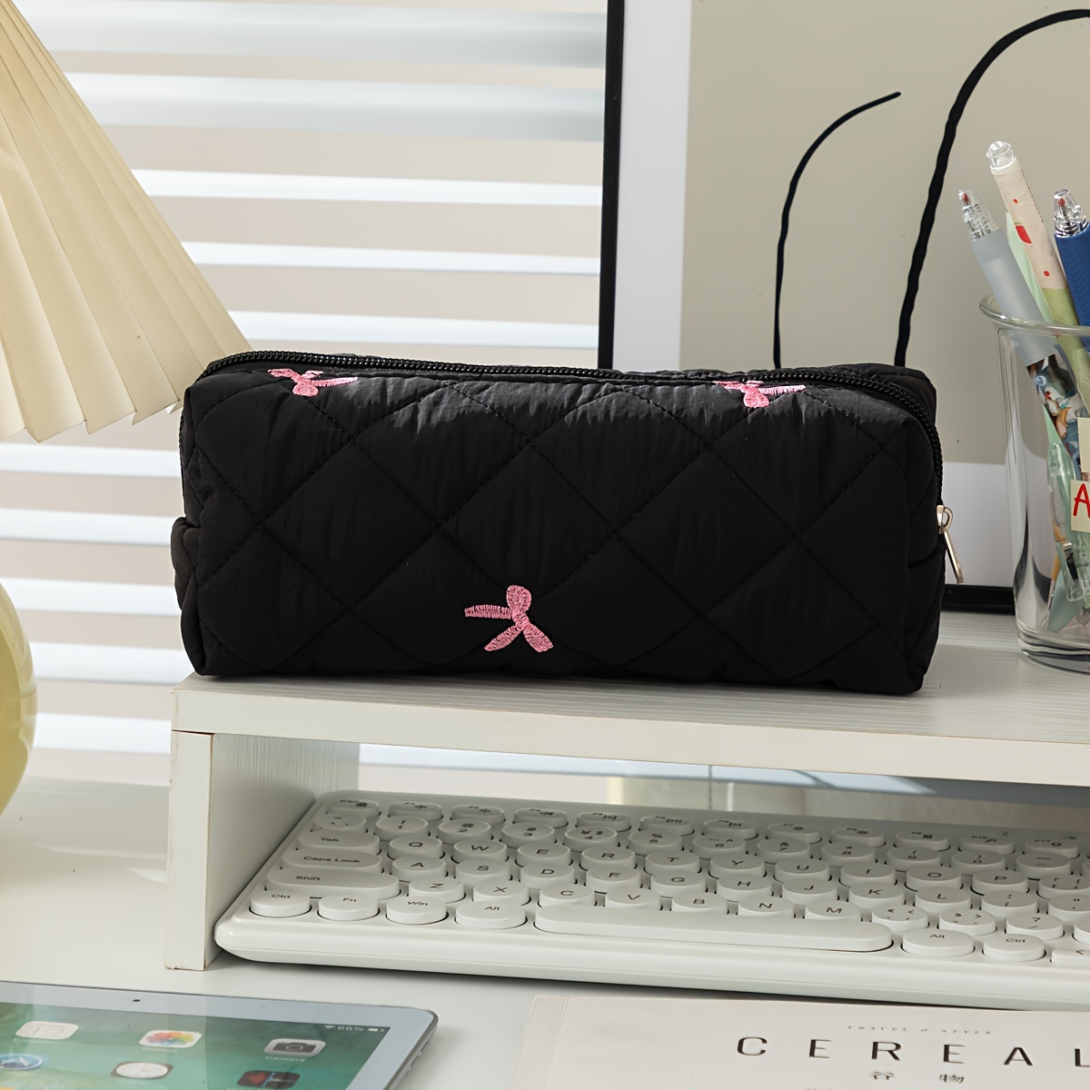 Black Embroidery Pink Bow Folding Storage Bag - Ladies Portable Finishing Bag, Fashion Gift , Bow Pattern, Zipper Design, For