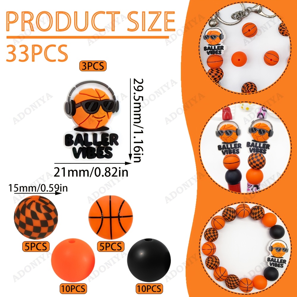 TEMU 33pcs Basketball Silicone Beads, 15mm Silicone Bead Wholesale, Basketball Focus Bead Printed Beads, Pen Beads, Spring Black And White Rubber