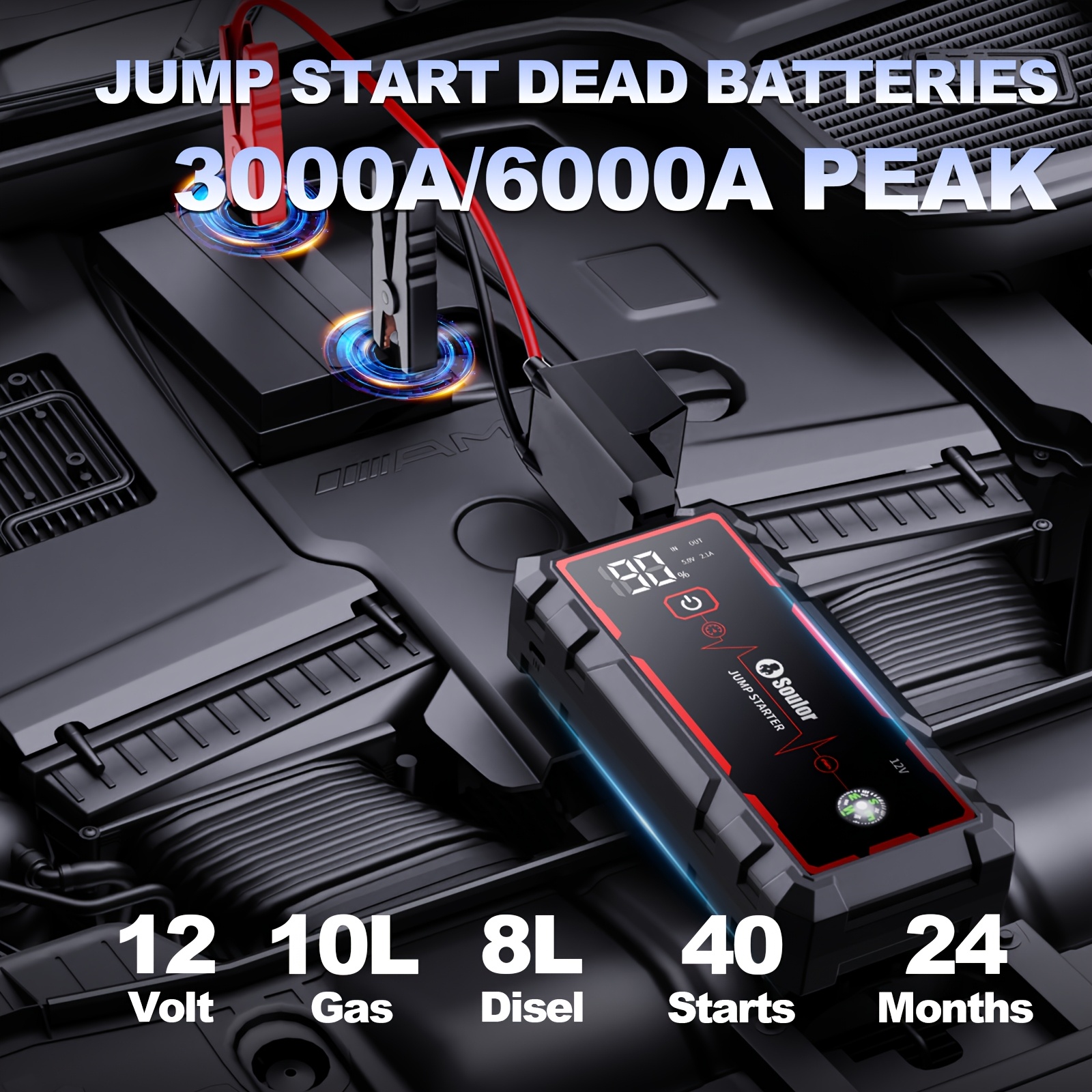 Soulor Car Jump Starter, 3000A to 6000A Portable Starter Power Supply, 2-In-1 Inflatable for All-In-One Multi-Functional Upgraded Version, 12V Quick Start Car, Suitable for All Cars, LED Emergency Lights, Compass, USB Input/Output