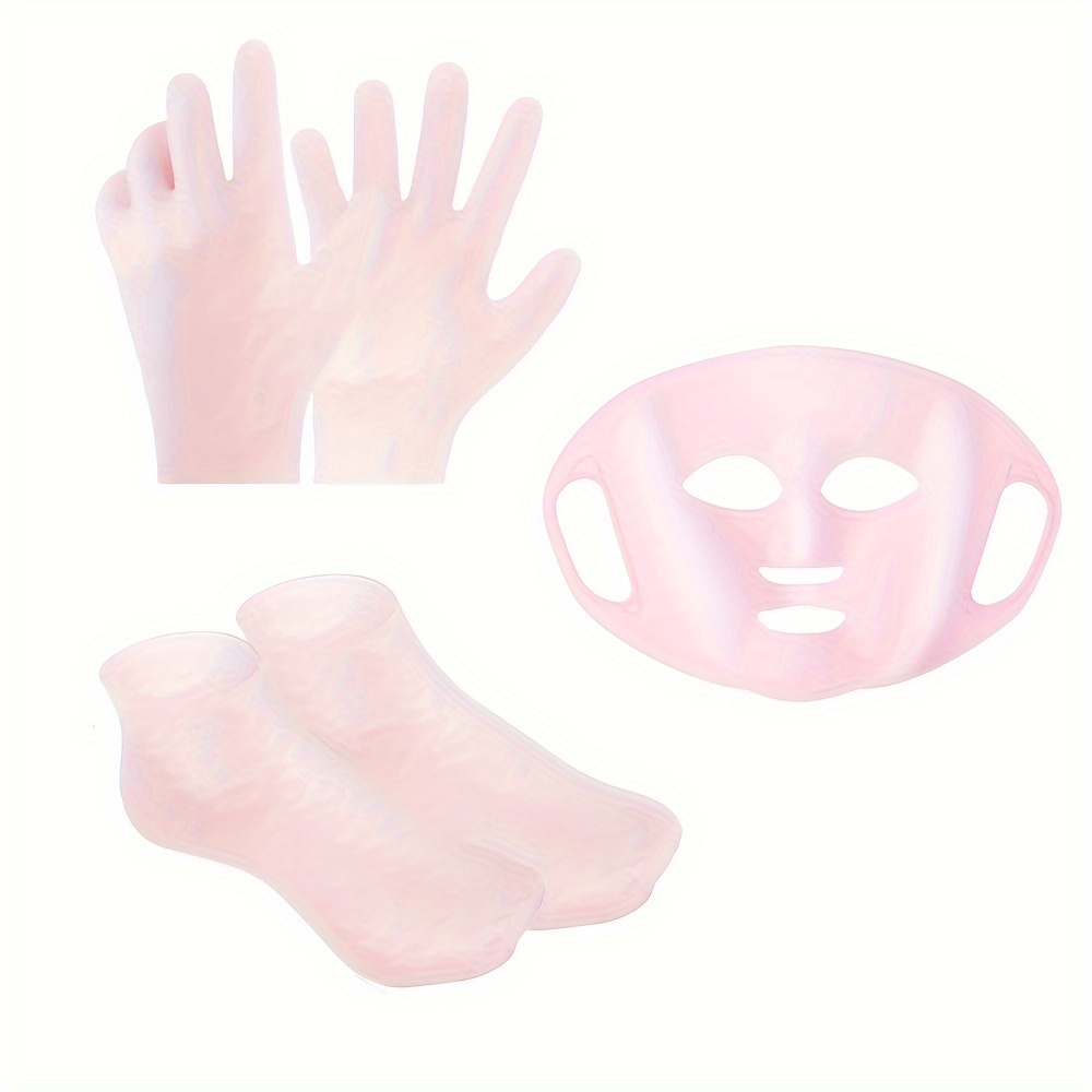 TEMU 3pcs Silicone Moisturizing Set For Skin Care - Reusable Facial Mask Cover, Gloves & Socks With Non-slip Strap | Prevents Evaporation, Ideal For Daily Hand & Foot Care