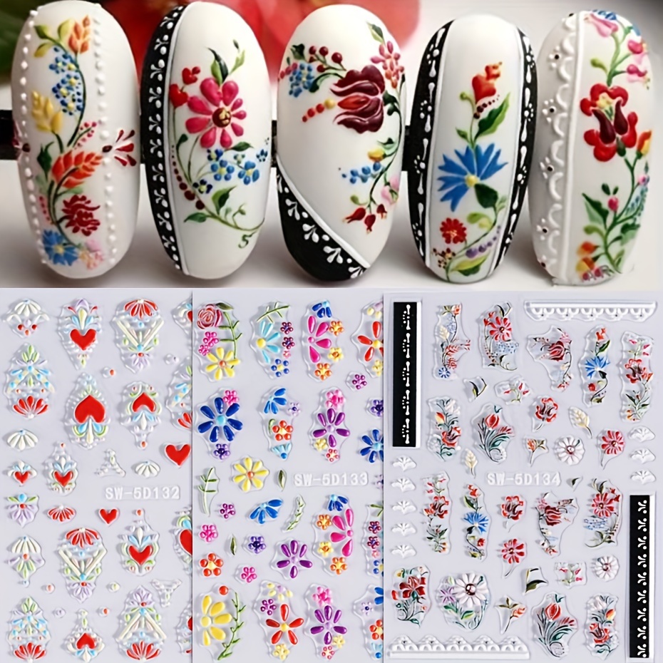 

5d Embossed Daisy Flower Nail Art Stickers Bohemian Heart Tulip Spring Summer Design Sliders Self-adhesive Manicure Tips