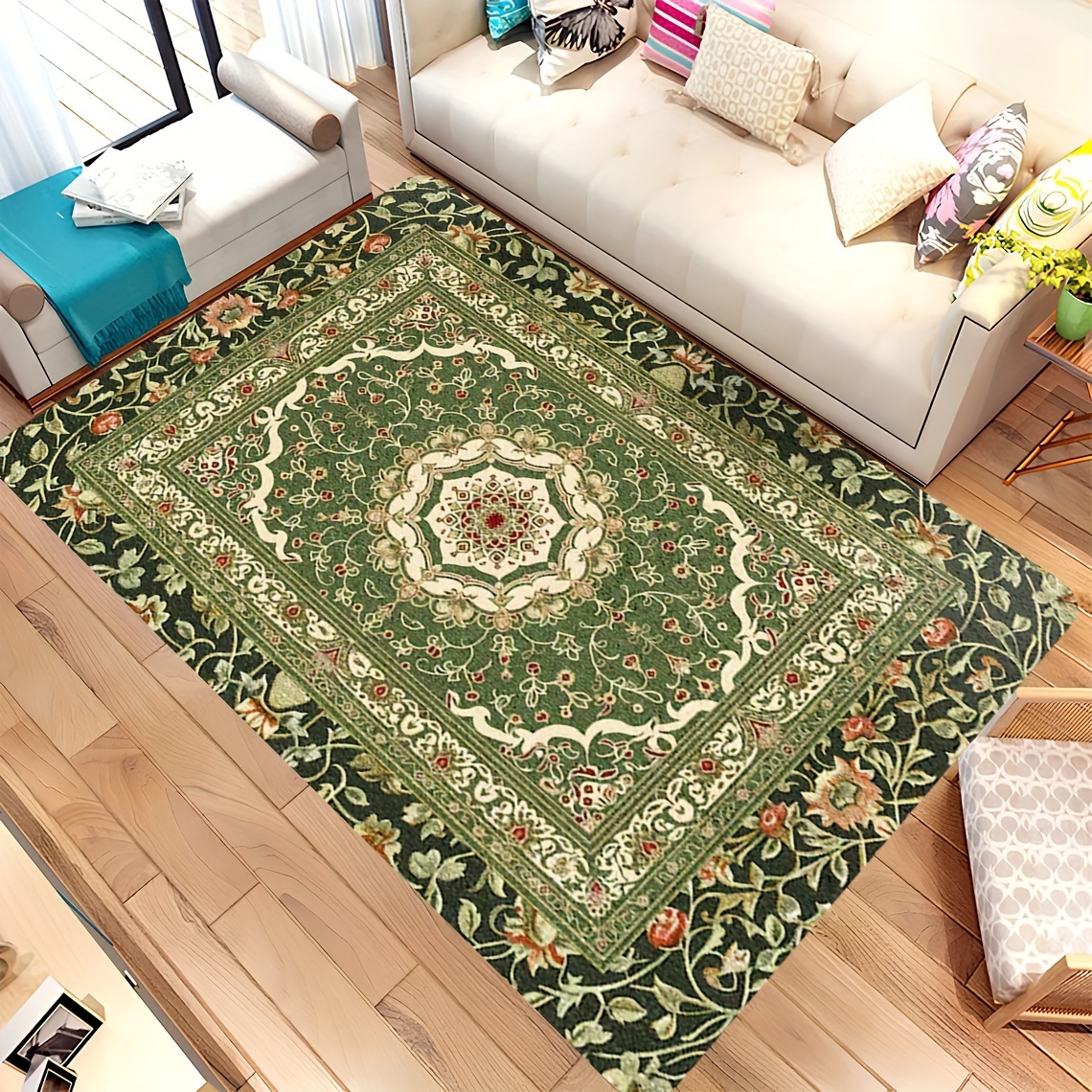 

Vintage Green Patterned Non-slip Rug For Living Room - Machine Made, Hand Washable, Lightweight, Rectangular, 1cm Thick, Made Of Polyester