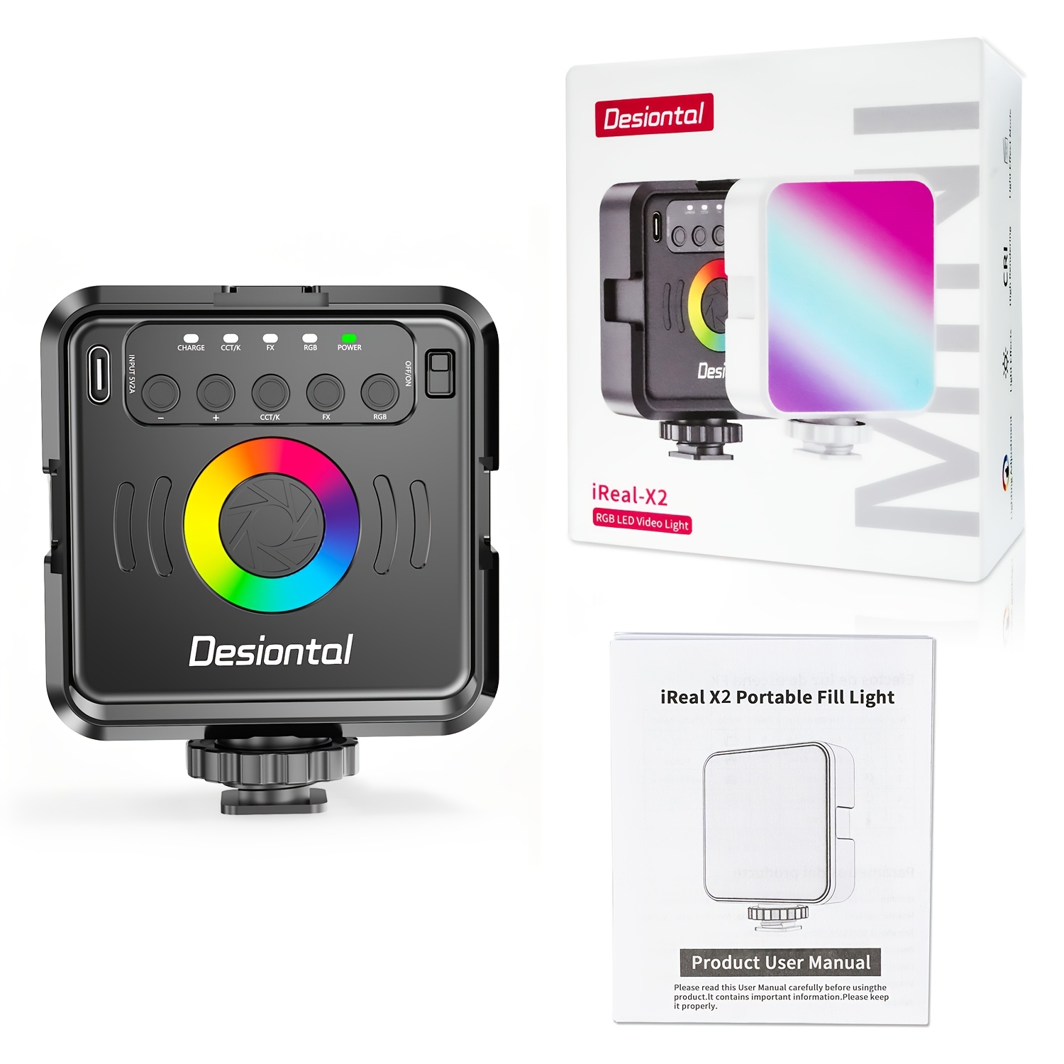 TEMU Desiontal -X2 Mini Luz de Relleno RGB a Todo Color, Luz LED de Tricolor 3000-6500K para Cámara, Vídeo y Fotografía, Luz para Grabación de Vlogs,