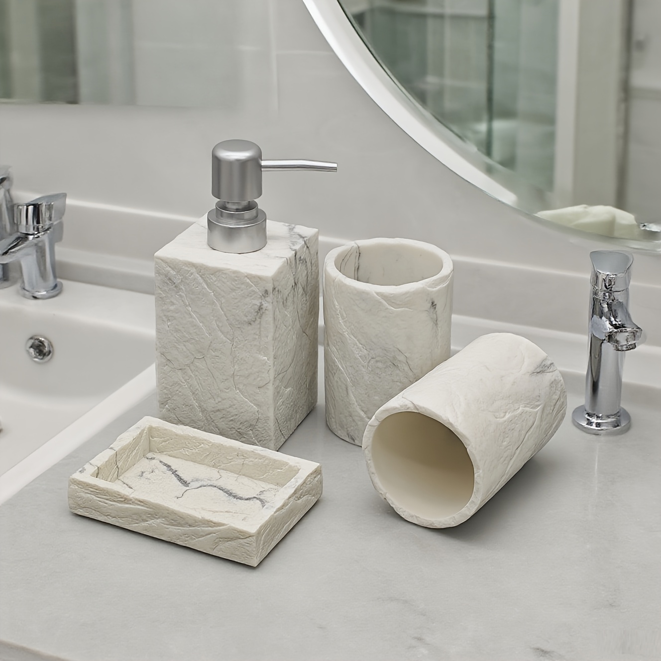 4pcs Vintage Bark Texture Bathroom Set, Includes 1 Hand Soap Dispenser, 2 Mouthwash Cups, and 1 Soap Dish. Suitable for Home, Hotel, and Guesthouse Bathrooms