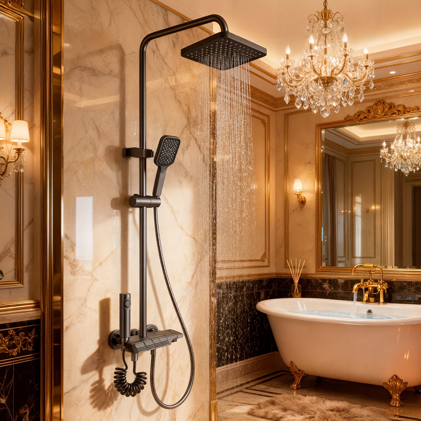 E-shop Schwarzes Duschsystem, 4-Funktionen Klaviertasten-Duschset, Badezimmer-Duschkopf, Drei Handbrause, Wandmontiertes Outdoor-Badezimmer-Duschset,