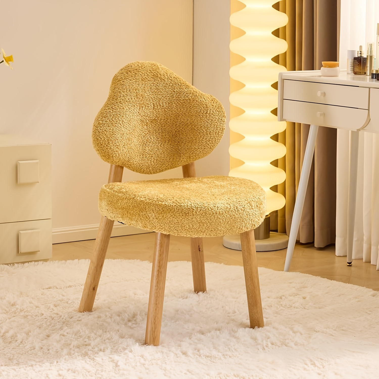 Bonnlo Cute Armless Vanity Chair | Modern Desk Chair With Wood Legs, Plush Chenille Velvet Cloud-Back Comfy Makeup Accent Chair For Bedroom Living Room Office