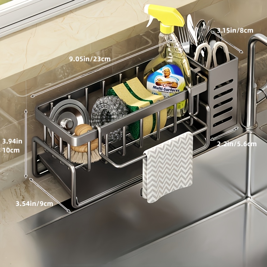 TEMU Stainless Steel Kitchen Sink Caddy With Drainage, 304 Stainless Steel Kitchen Sink Organizer With Removable Brush Holder, Sink Caddy With