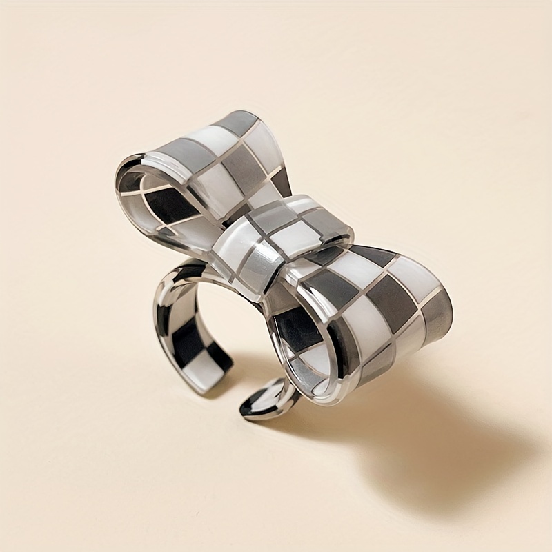 Resin Bowknot Rings Checkered Block Statement Rings for Women