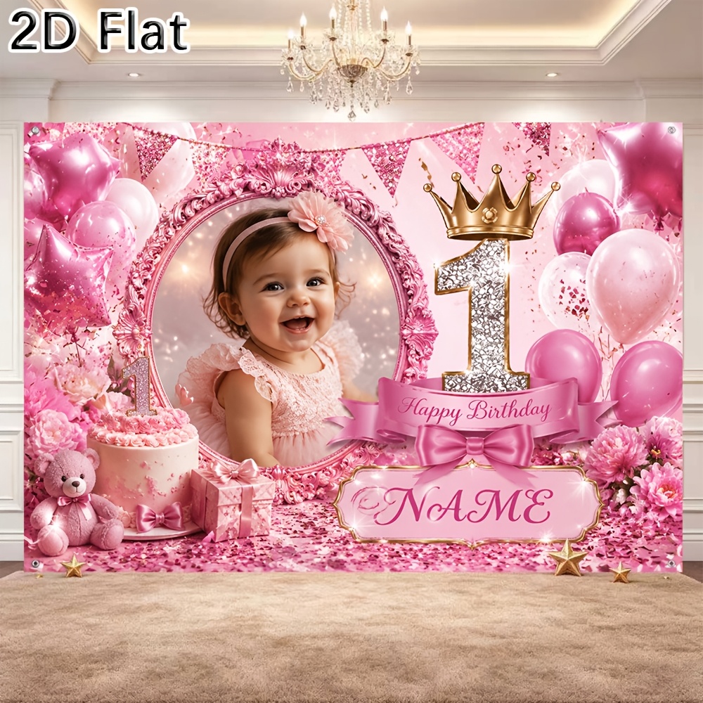 TEMU 2d Flat - [2d Flat] 1pc Party Banner Customizable Name And With Pink Shiny Balloon Delicate Cake Pattern Designed For First Happy Birthday