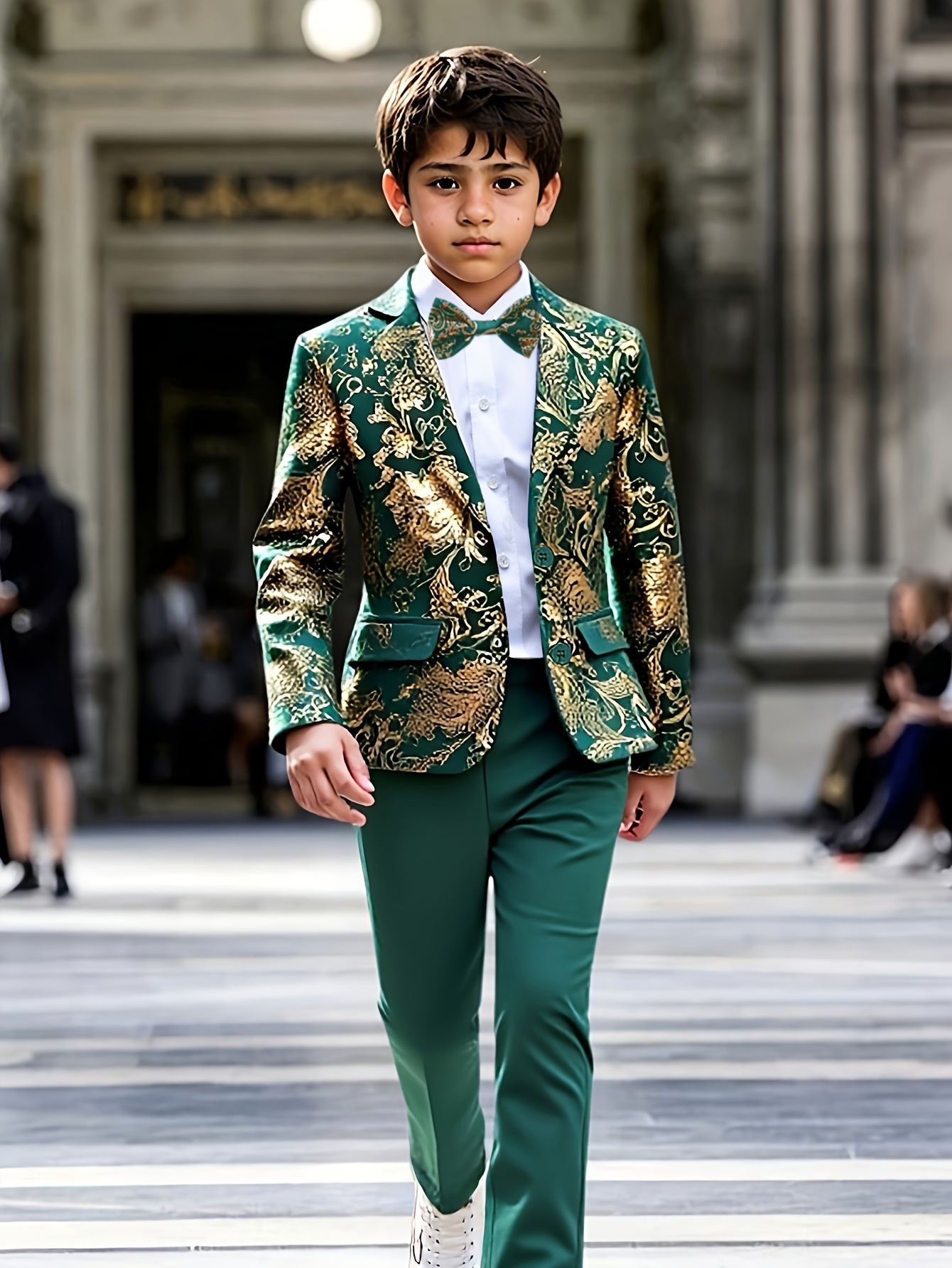 jungen elegantes anzug für formelle anlässe, 2-teilig - modischer und romantischer goldblumen-design mit grünem langarmhemd und hosen, abendball hochzeitsmode herrenanzug 0