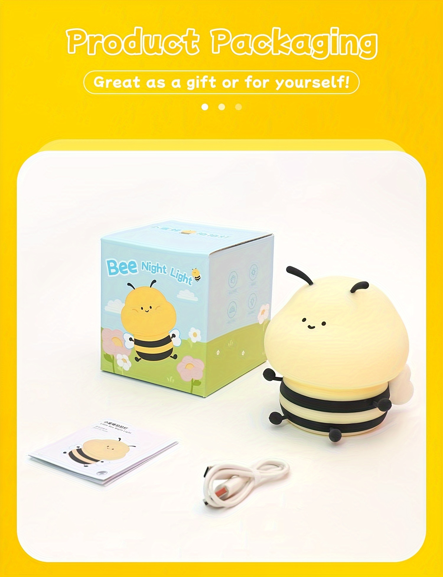 1  honeybee night light rechargeable eye protection bedside lamp with colorful changing colors cute bedroom decorative ornament Product details 7