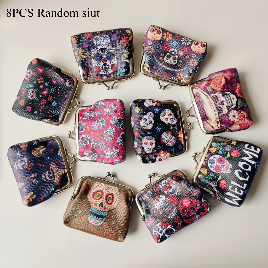 TEMU 8pcs New Style Women' Purses With Random Skull Color Patterns - Lightweight And Compact, Suitable For Daily Use, Parties, And Holiday Gifting.