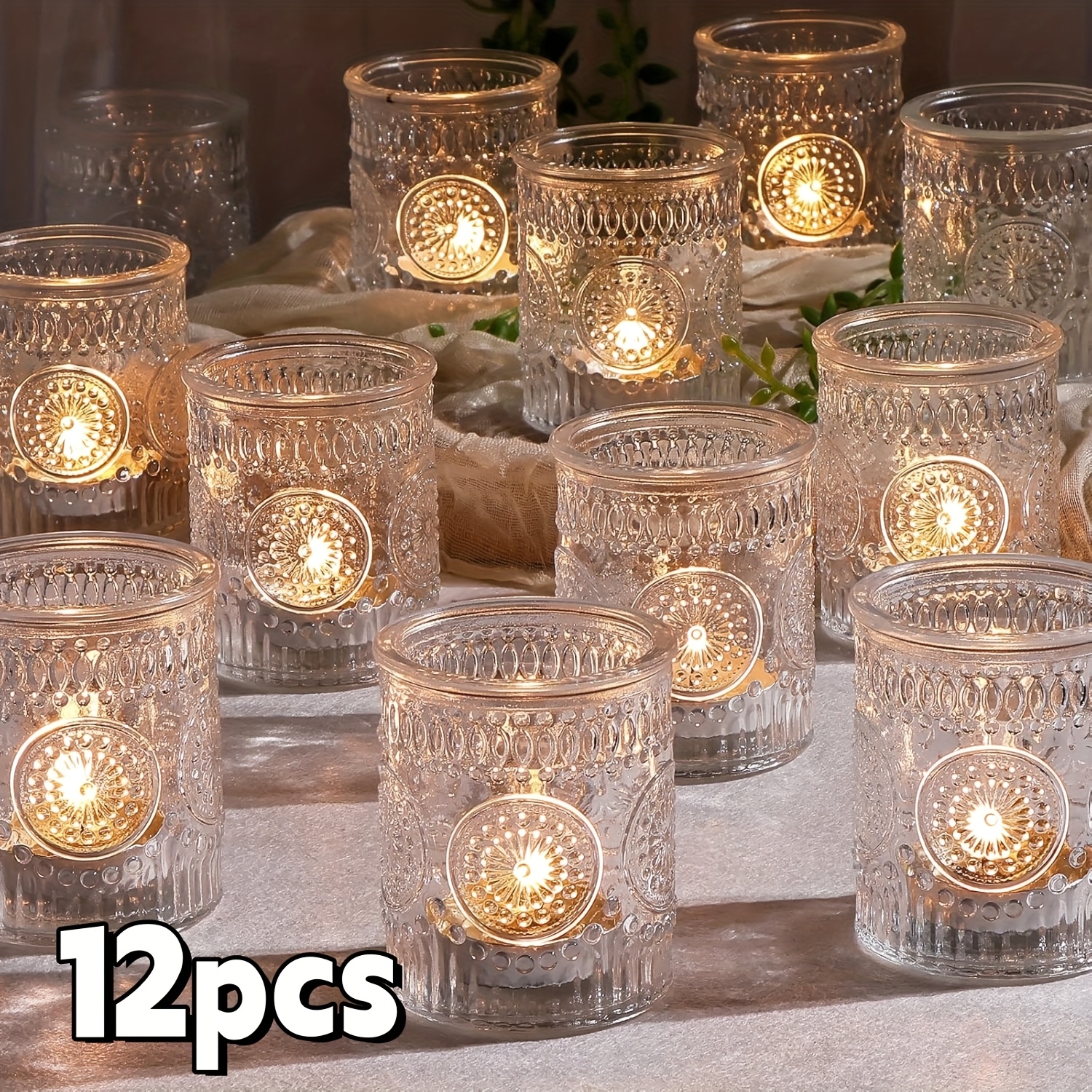 Image of 4/12/24/36pcs Transparent Floral Pattern Wish Tea Light Candle Holders, Glass Votive Candle Holders, Suitable For Table Centerpieces, Christmas, Home Decor, And Party Supplies