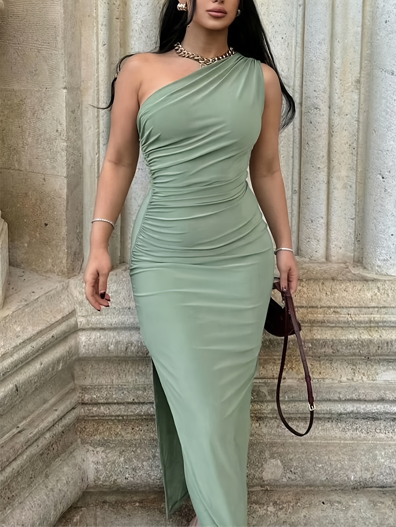 slim fit dress slacks Wine Satin Embroidered High Slit Draped Gown with Side Trail main image 1