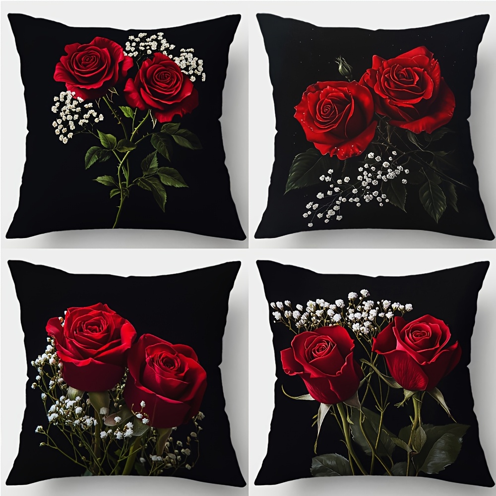 TEMU 2d Flat - 4pcs, 2d Flat Printed Pillowcase, Easy And , Featuring Of Red Roses And Baby's Breath. Suitable For Valentine's Day, Festivals, Daily