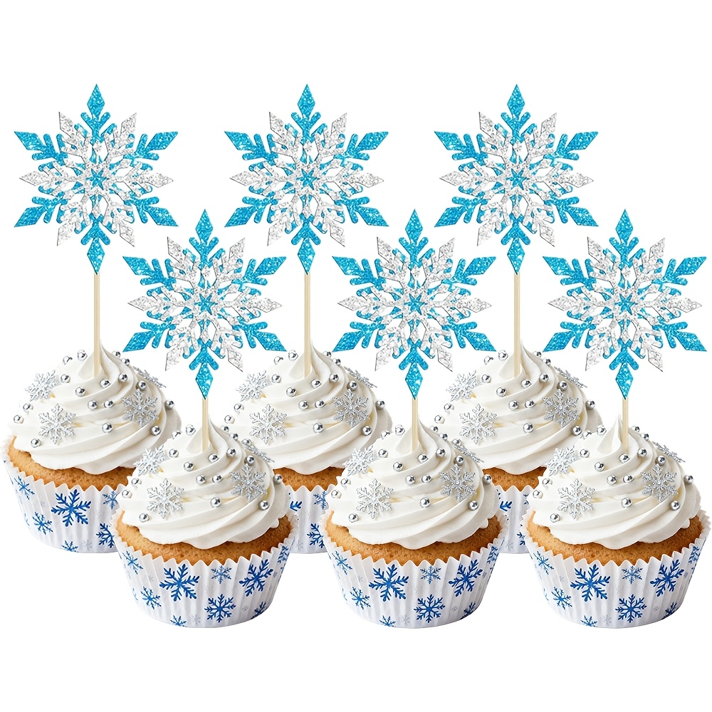 TEMU Set da 12 pezzi di toppers per cupcake a con di blu argentato, per cupcake Paese delle Meraviglie Invernale, forniture per decorazioni torte per