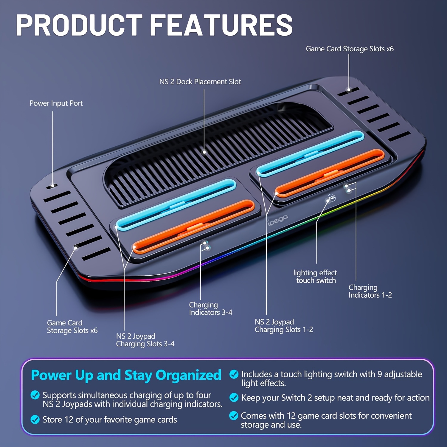 for   switch 2 charging dock with 12 game card storage, 9 rgb light  , magnetic plug-in   control charger station   switch 2 dock Product details 2