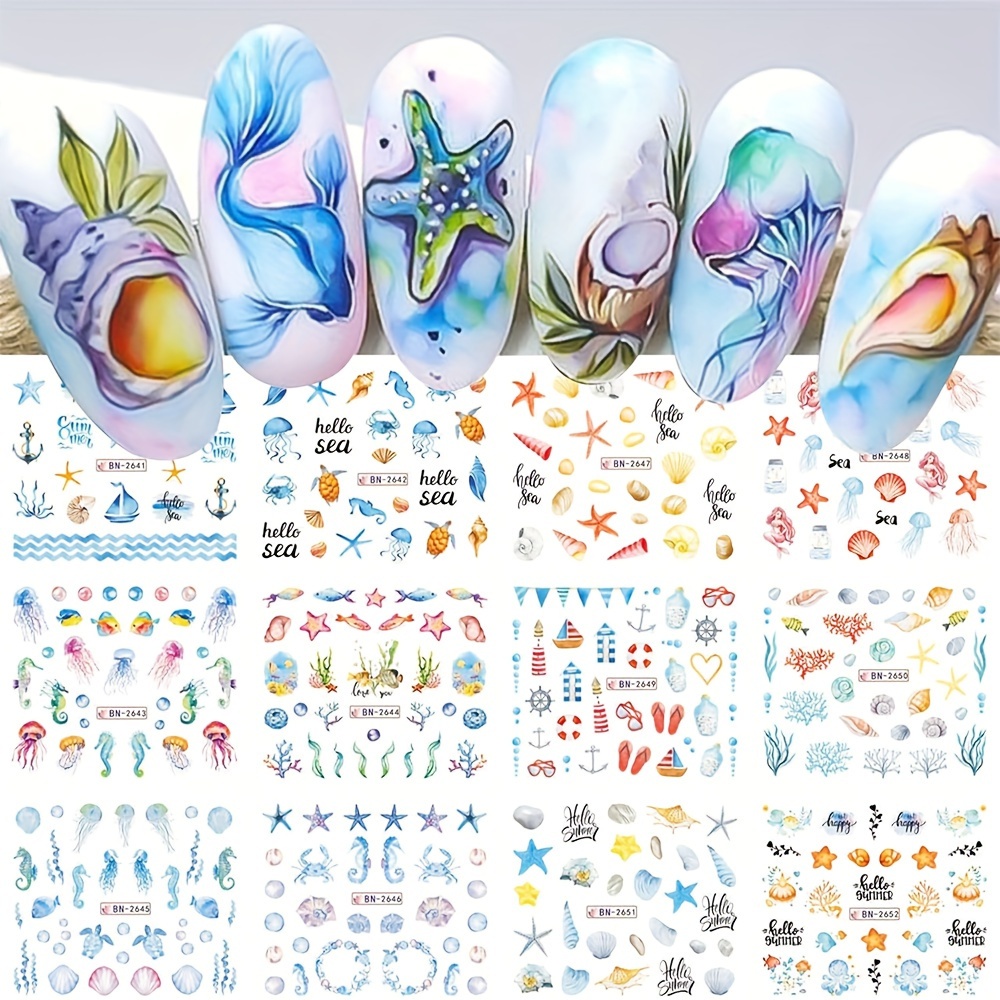 

12pcs Ocean Nail Art Stickers - Conch, Starfish & Jellyfish Designs | Matte , Self-adhesive Decals For Manicure