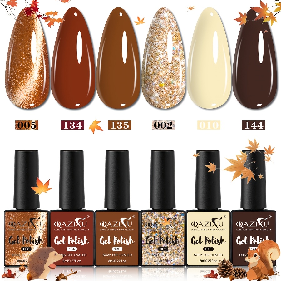 Image of 6-color Golden-flecked Brown Gel Nail Polish, Autumn Winter Style, Long-lasting Diy-friendly /led Gel Polish. Based On Chocolate Brown And , Flecks Create A Vintage Vibe.