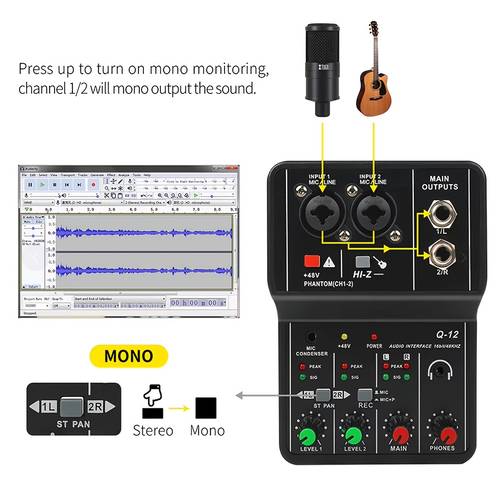 portable 2 channel professional audio interface sound card with microphone jack volume control and monitor output ultra low latency plug and card with usb mixer suitable for guitar recording and singing
