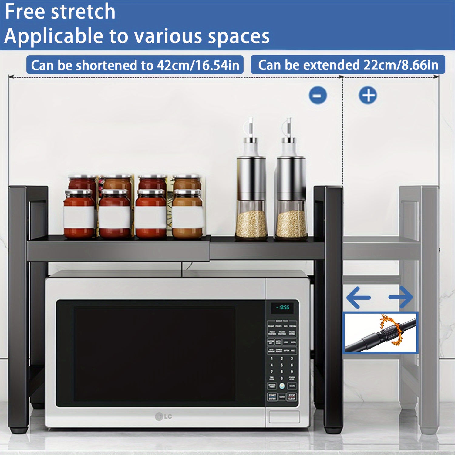 Étagère Micro-ondes Extensible, Étagère Micro-ondes à 2 Niveaux avec 3 Serviettes, 5 Crochets, Support pour Bâtonnets et Support de Planche à Découper, Organisateur de Cuisine, Support de Cuisson Micro-ondes, Plan de Travail, Extensible 40-64 Cm (Noir, Blanc)