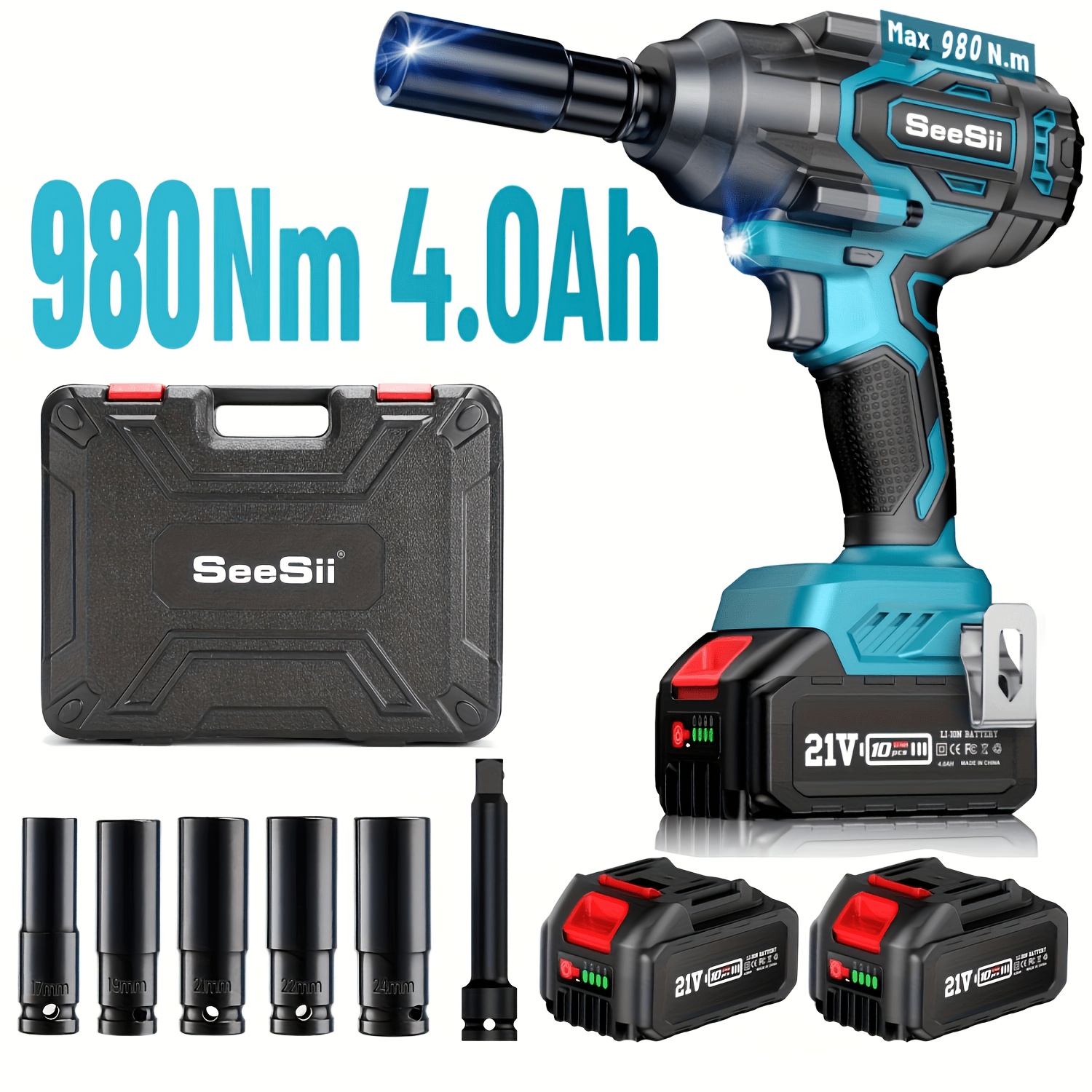 Seesii 980nm Brushless Lithium Battery Impact Wrench | 1/2 High Torque Set, Dual 4000mah Batteries+fast Charging+5 Sockets, Versatile Rotating Tool For Automotive And Household Use