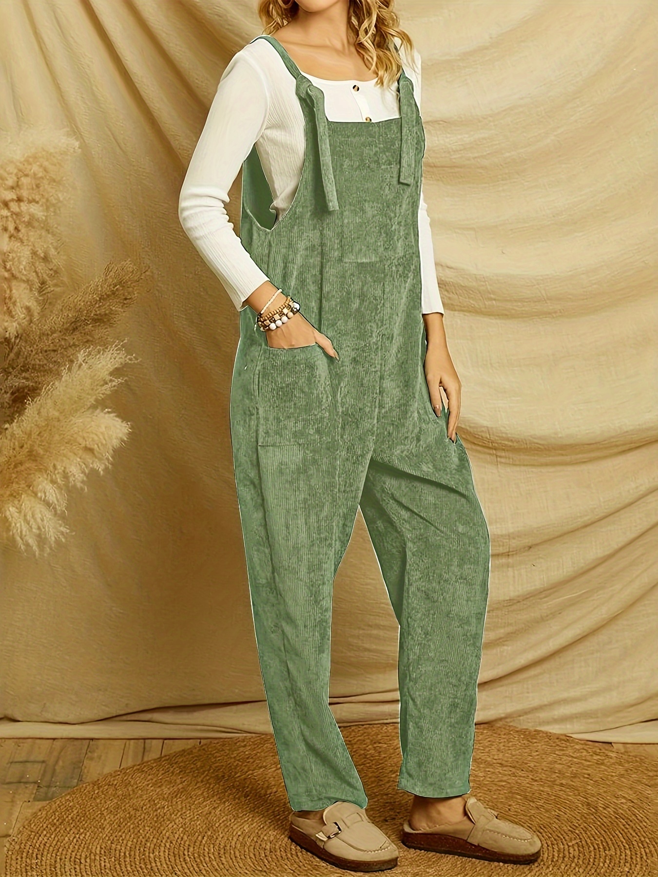 Solid Corduroy Overall Jumpsuit Casual Patched Pockets - Temu