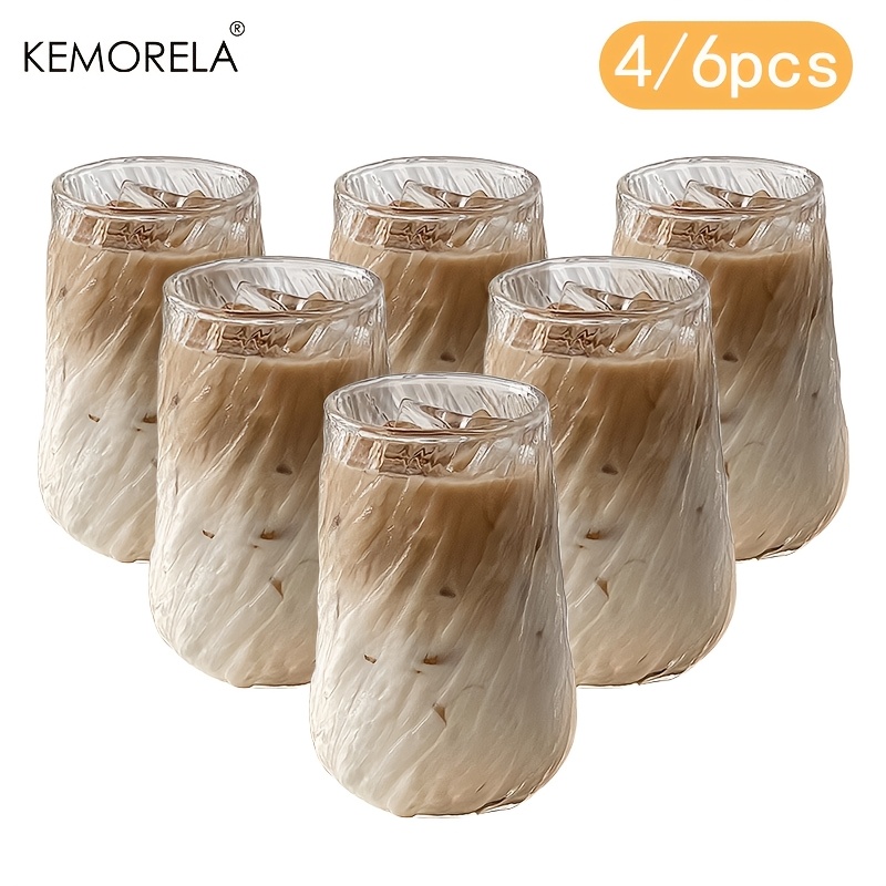 

KEMORELA Ensemble de 4/6 tasses en verre pour café, latte , jus et lait, design à rayures rotatives, adaptées aux gobelets d'eau de bureau et de restaurant