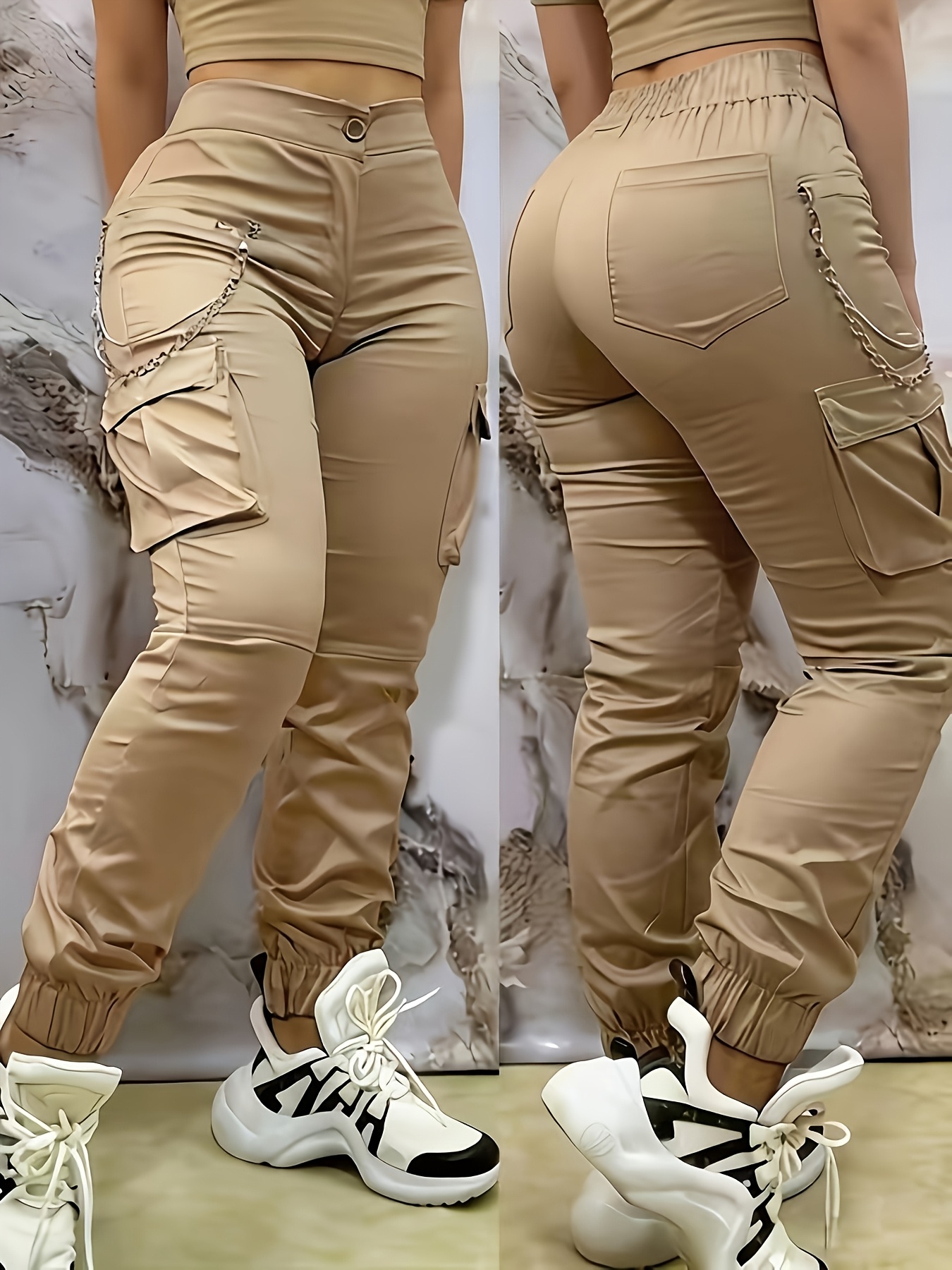 Women's High Waist Overalls Non-stretch Jeans, Zipper Pocket Design, Casual and Formal Wear Dual-use Spring Summer and Autumn Daily Pants, Durable Fabric Solid Color-beige