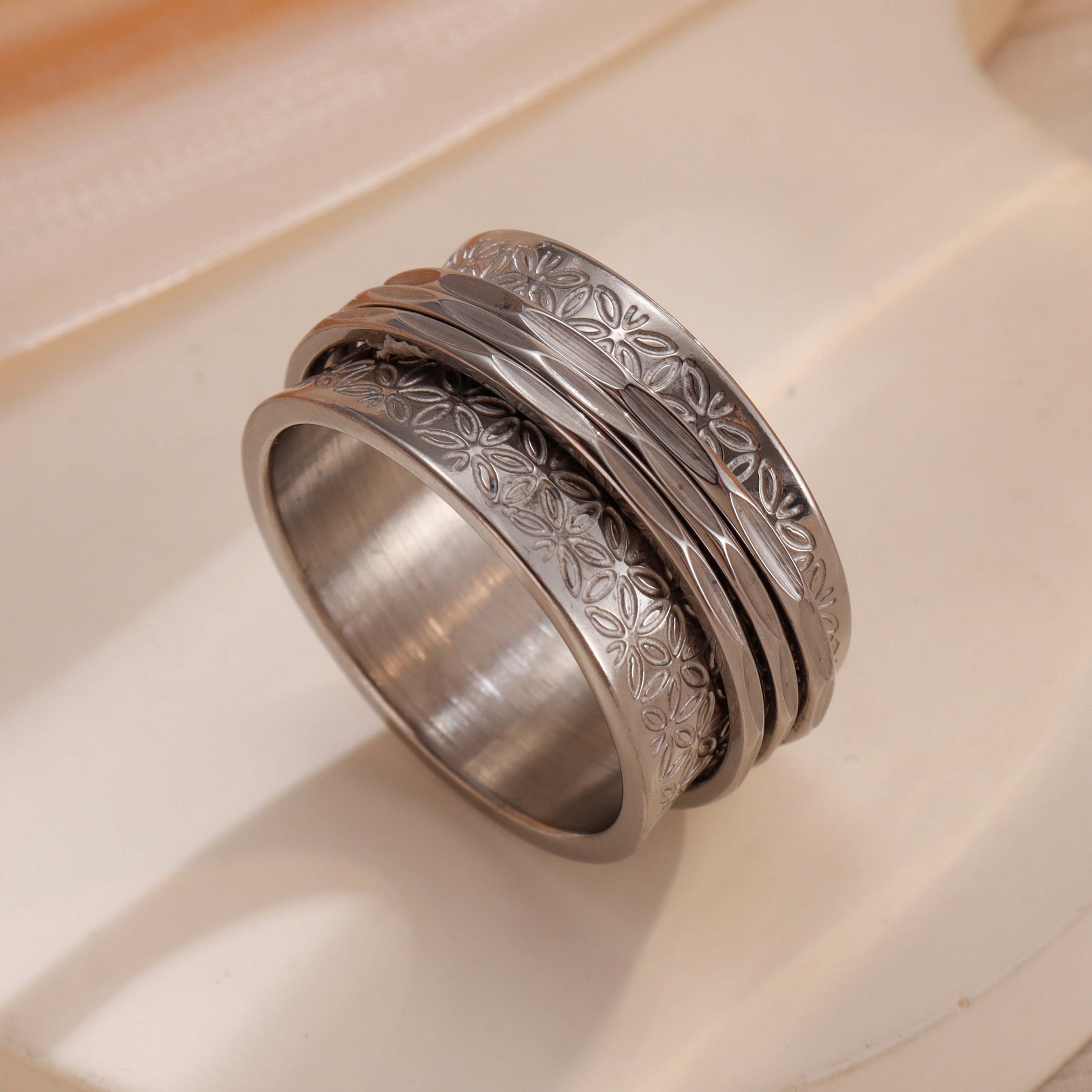 a stylish womens ring with a vintage rotating flower ring a stainless steel anxiety relief ring a unique snowflake rotating ring a meditation ring fashionable jewelry suitable for holidays yoga parties birthdays anniversaries etc Product details 1