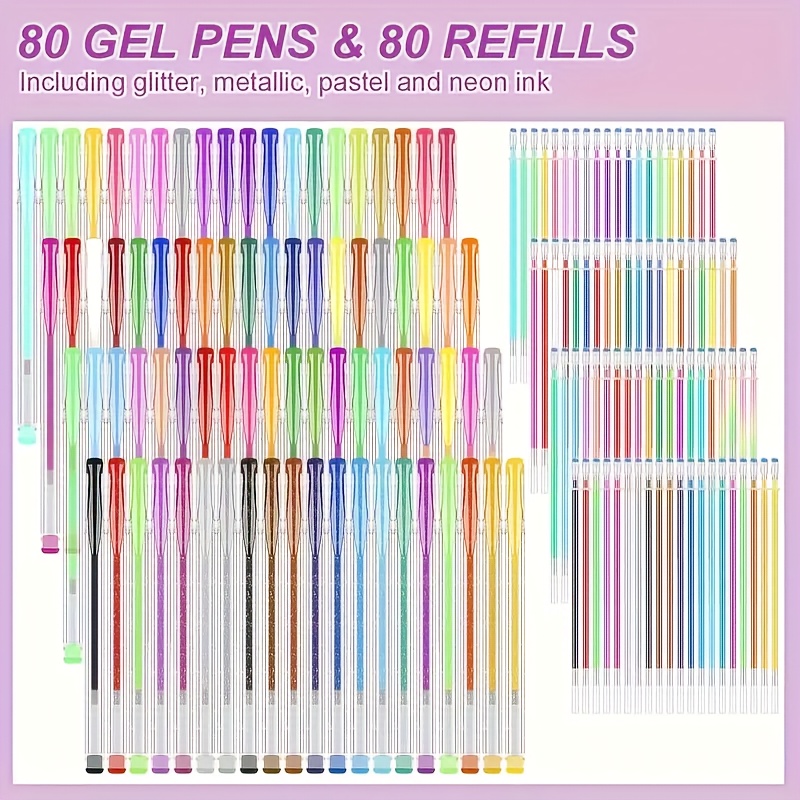 TEMU [colorful Gel Pen Set] 160 Colorful Gel Pen Set | 80 Gel Pens + 80 Replacement Refills + Portable Bag + 1 Drawing Book - Flash, Metallic, Neon