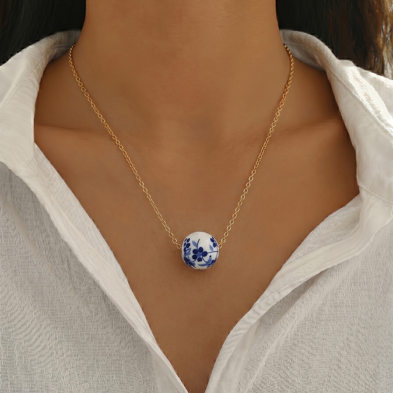 TEMU 1pc Summer Minimalist Style Ceramic Bead Irregular Small Women's Pendant Necklace, For Daily Casual, Vacation, Holiday, Exquisite Gift Accessory