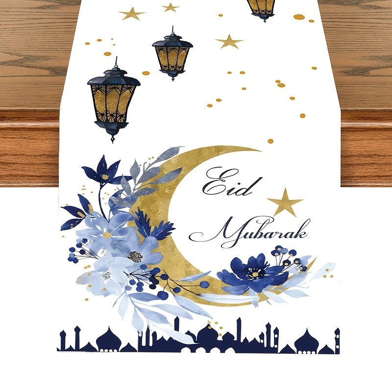 

1pc Chemin de table en polyester Eid , 180x35cm, Design de lanterne et étoiles, Fabriqué à , Décoration Ramadan , Fournitures de fête musulmane islamique pour la d'Eid Al-Fitr