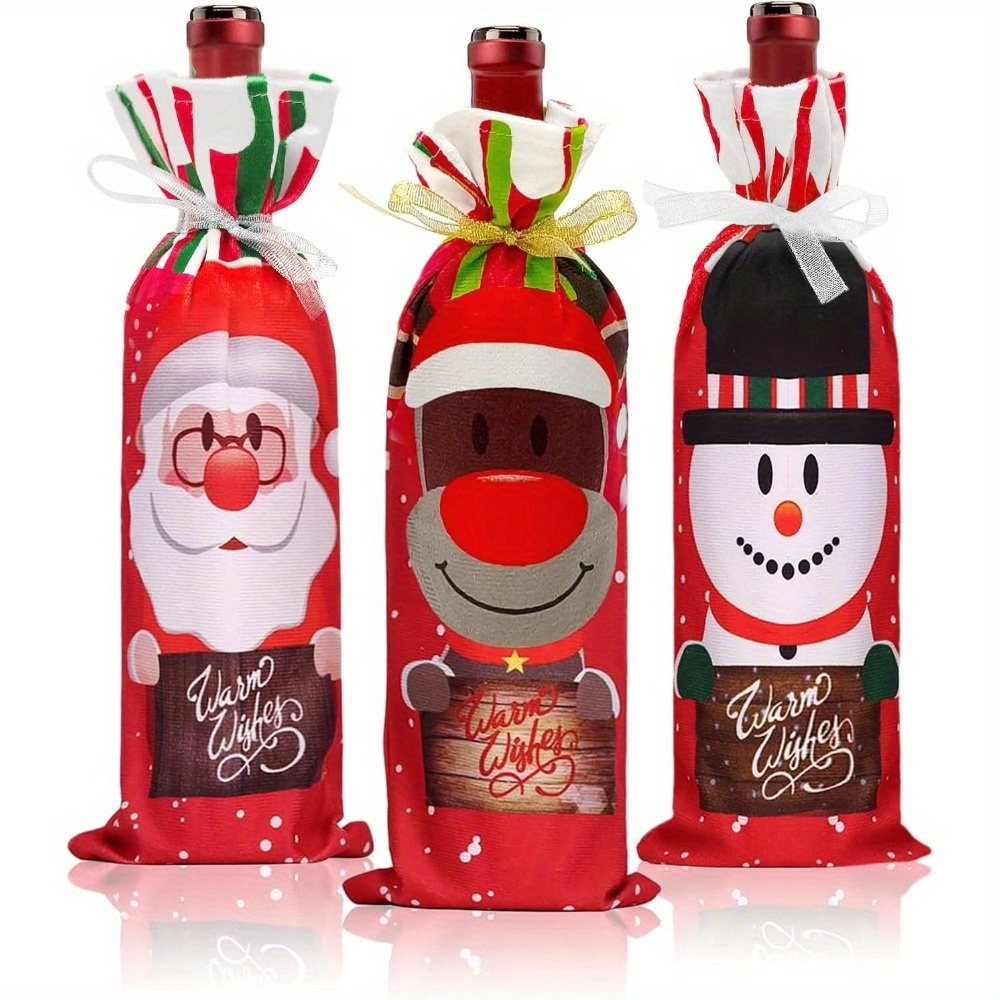 3pcs Christmas Burlap Wine Bags, Bottle Gift Bags With Drawstring, Reusable Bottle Covers For Christmas New Year Party Gift Bags