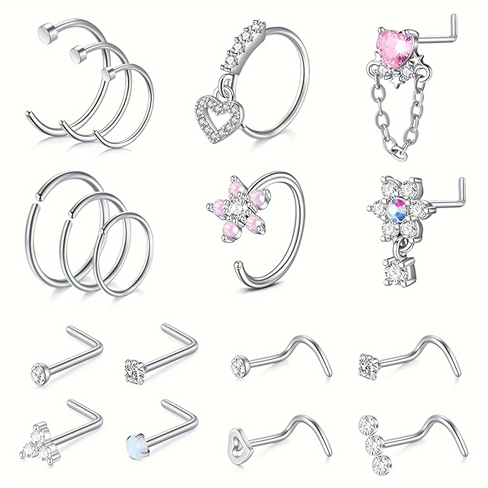 TEMU 18pcs Nose Rings 18g Nose Ring Surgical Steel Nose Studs Hoops Nose Piercings Jewelry
