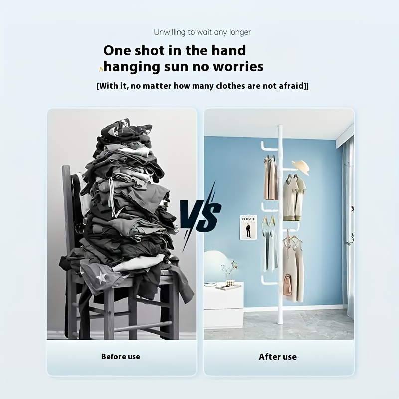 Adjustable Height Clothes Rack Rod with 4 Hooks, No Installation