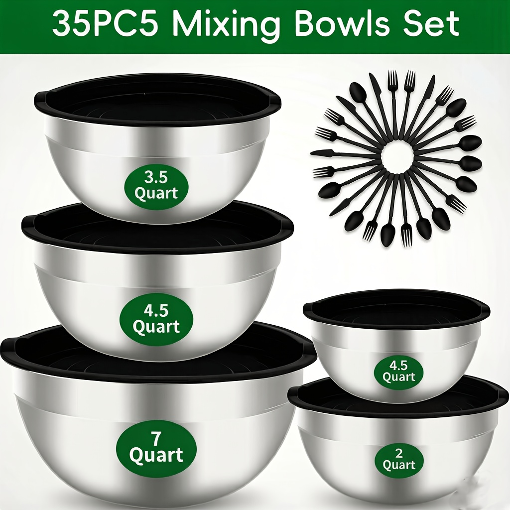 TEMU Stainless Steel Salad Bowl Set With Lid, 35pcs Large Metal Mixing Bowl For Cooking And Baking (including 5 Salad Bowls And 30 Knives, Forks,