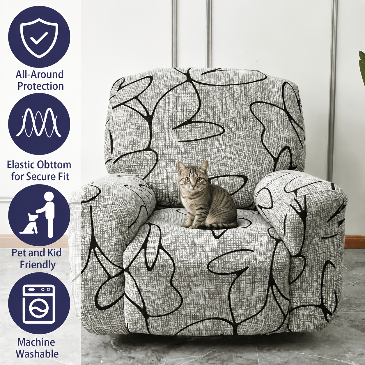 TEMU 4pcs Stretch Massage Chair Cover Set, Includes 1 Backrest Cover, 2 Armrest Covers And 1 Seat Cover, Printed Recliner Slipcover With Elastic