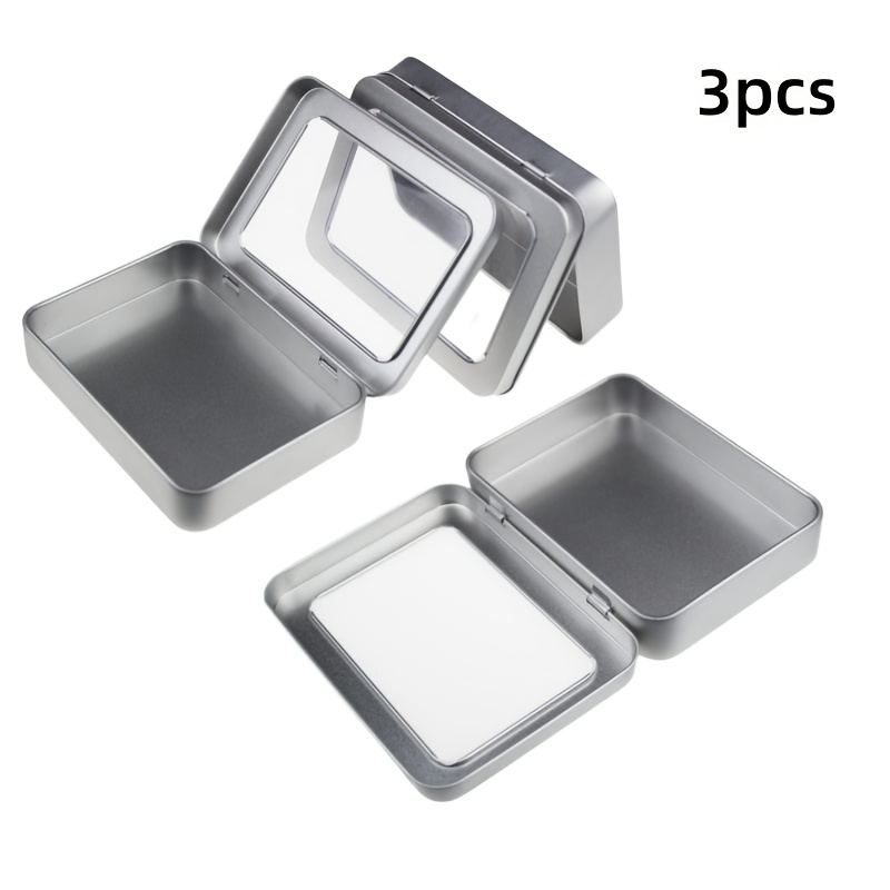 3pcs/6pcs Empty Rectangular Metal Storage Organizer Tins With Clear Window Hinged Lids For Small Items And Other Craft Projects, 3.4 X 2.7 X 0.3 Inch (silvery)