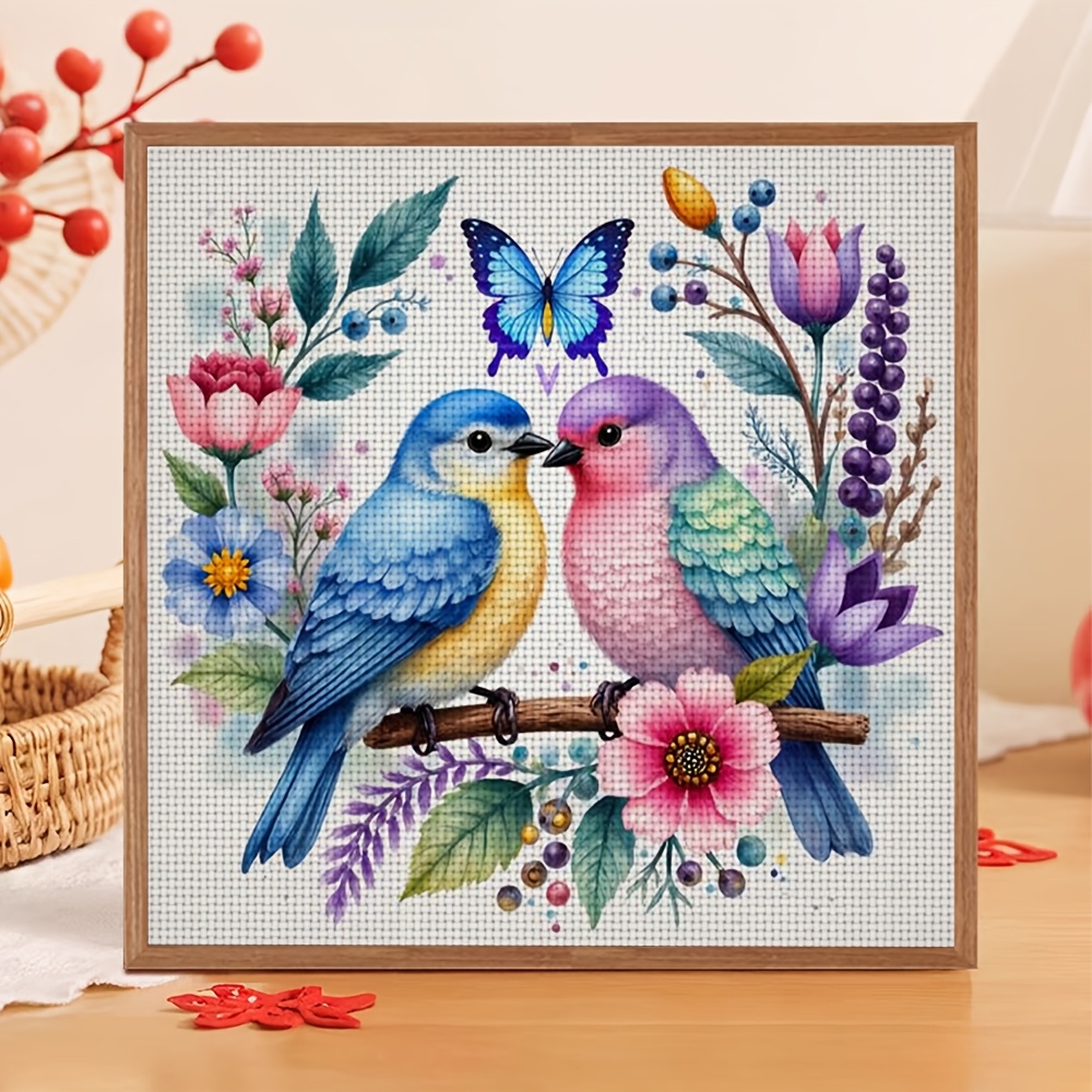 11CT Frameless DIY Cross Stitch Kit, Two Birds, Flowers, Butterfly
